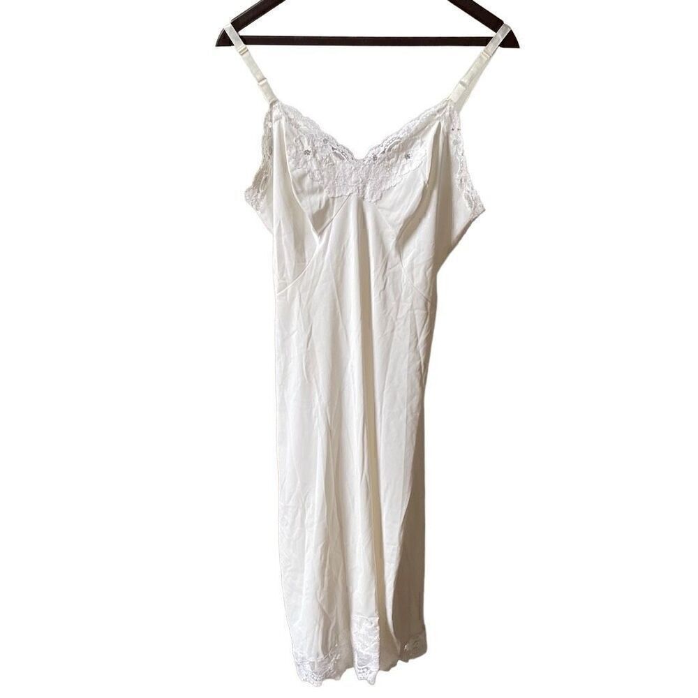 Vintage Shadowline Full Slip Womens 36 Tall White Lace Trim Adjustable Strap